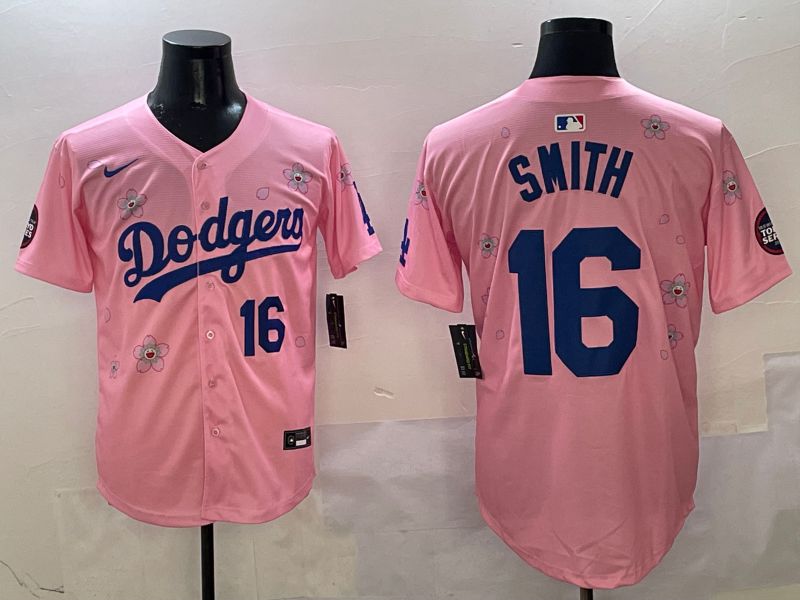 Men Los Angeles Dodgers #16 Smith Pink Sakura Edition 2025 Nike MLB Jersey style 3